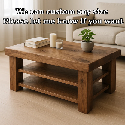 Handcrafted Solid Walnut Coffee Table - Rustic Modern with 2 Open Shelves