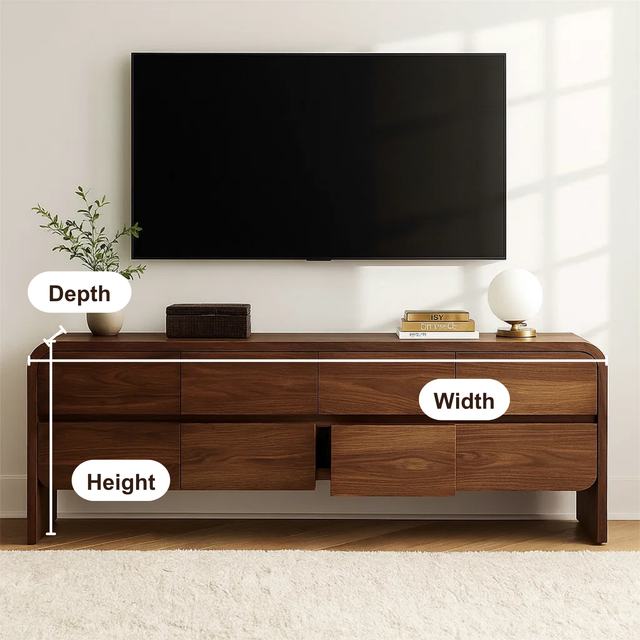 Handcrafted Solid Wood TV Stand – Modern Curved Edge Media Console with Hidden Storage