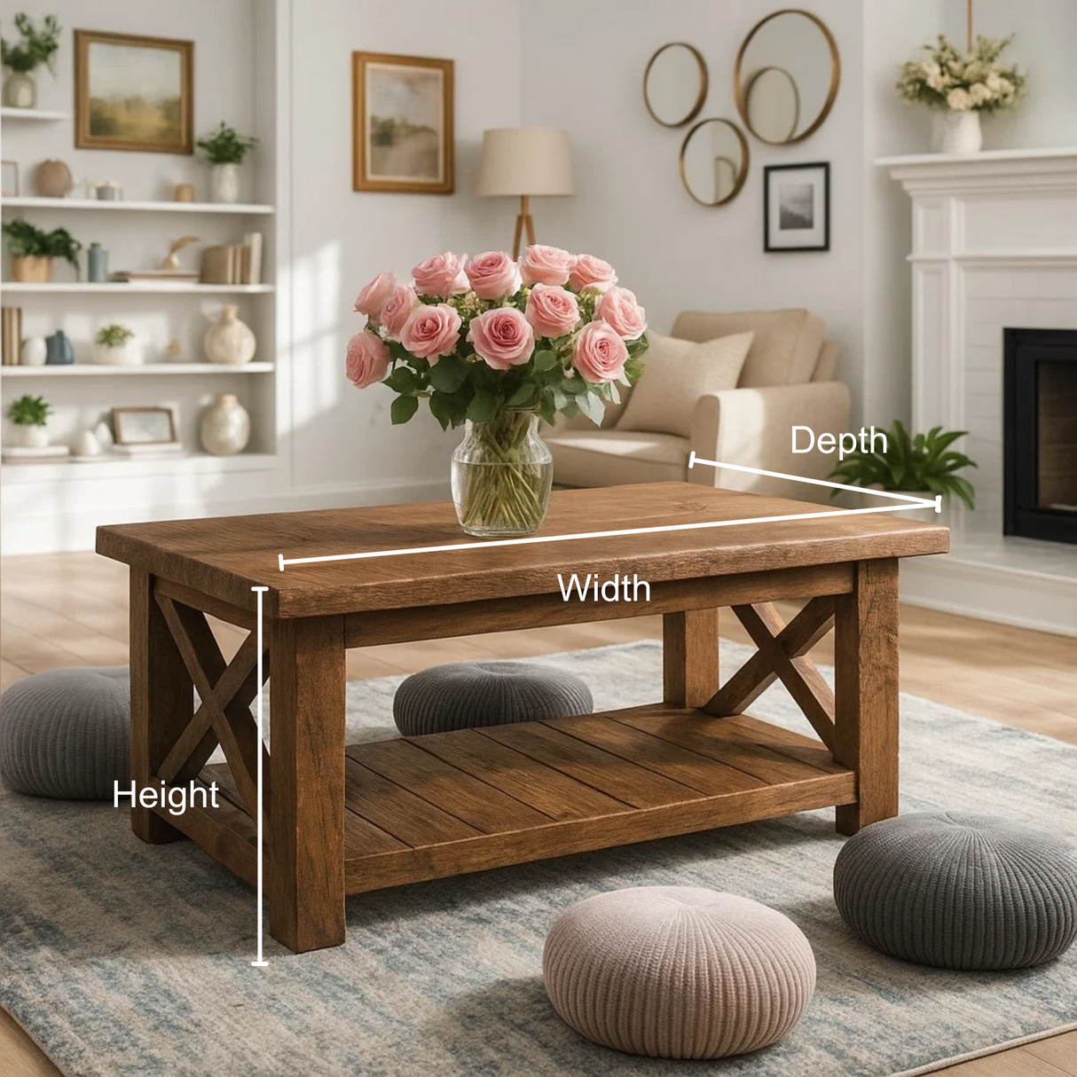 Handcrafted Solid Wood Farmhouse Coffee Table with X-Frame – Rustic Center Table with Bottom Shelf for Cozy Living Rooms