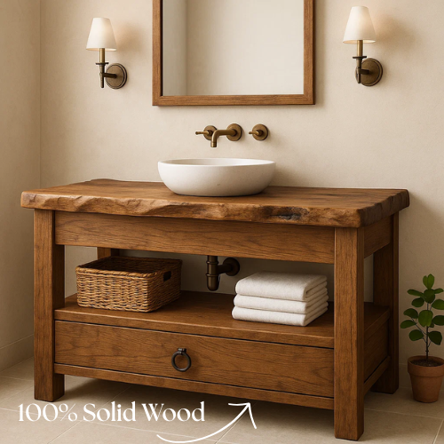 Handcrafted Live Edge Bathroom Vanity – Solid Wood Design with Drawer & Open Shelf – Rustic Farmhouse Vanity for Natural Modern Interiors