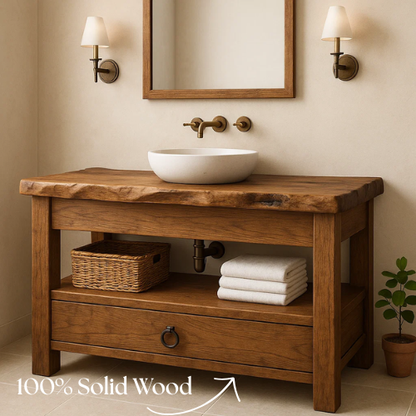 Handcrafted Live Edge Bathroom Vanity – Solid Wood Design with Drawer & Open Shelf – Rustic Farmhouse Vanity for Natural Modern Interiors