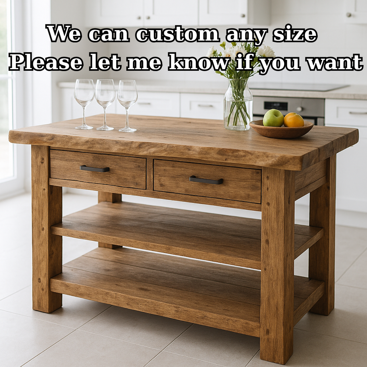 Handcrafted Solid Wood Kitchen Island - Live-Edge Top, 2 Drawers & Shelves