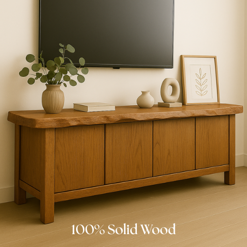 Handcrafted Solid Wood TV Stand with Live Edge Top – Minimalist Japandi Console Table for Living Room