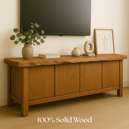 Handcrafted Solid Wood TV Stand with Live Edge Top – Minimalist Japandi Console Table for Living Room