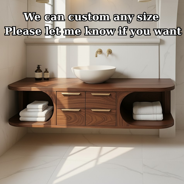 Handcrafted Solid Wood Floating Vanity - Modern Walnut Bathroom Console with Vessel Sink