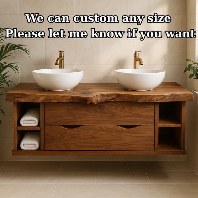 Handcrafted Solid Wood Live-Edge Double Vanity - Rustic Floating Console with Storage