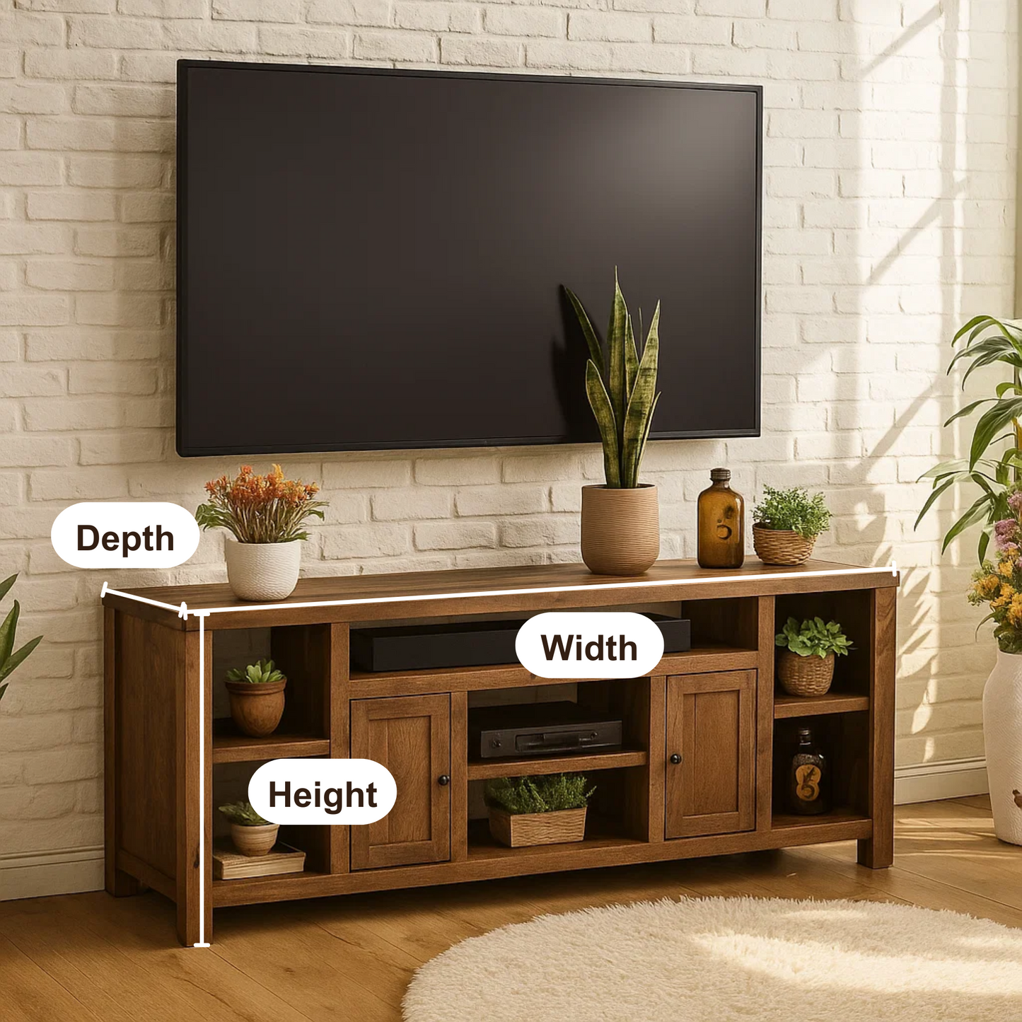 Handcrafted Solid Wood TV Stand – Rustic Entertainment Console with Shelves and Cabinets