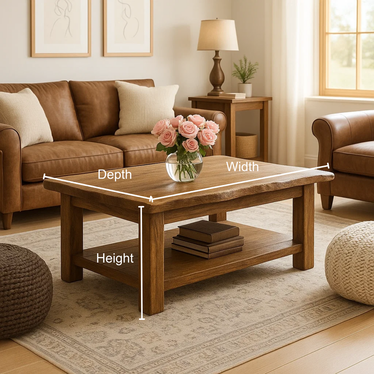 Handcrafted Solid Wood Coffee Table with Natural Live Edge – Rustic Farmhouse Center Table with Bottom Shelf for Cozy Living Rooms