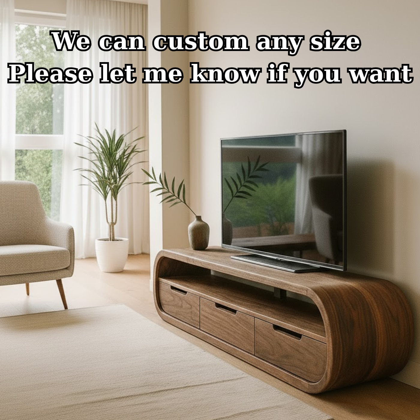 Handcrafted Solid Wood TV Stand - Modern Curved Console, Easy Assembly, 3 Drawers
