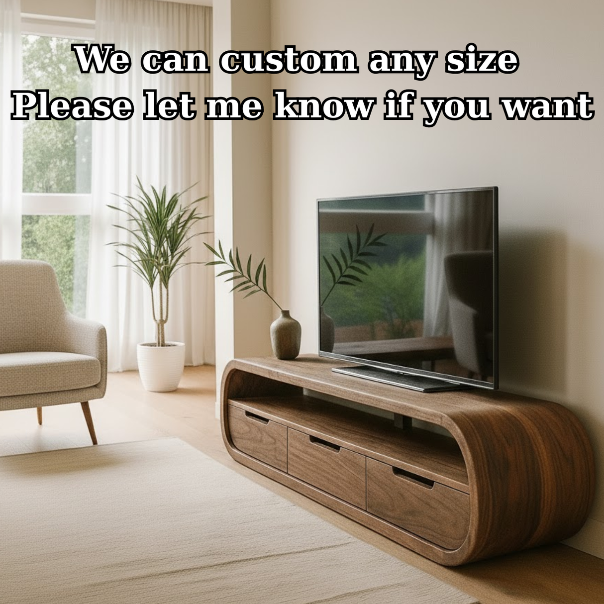 Handcrafted Solid Wood TV Stand - Modern Curved Console, Easy Assembly, 3 Drawers