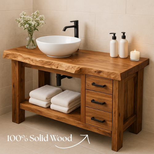 Rustic Solid Wood Bathroom Vanity – Handcrafted Live Edge Countertop with 3 Drawers & Open Shelf – Farmhouse Natural Wood Sink Stand