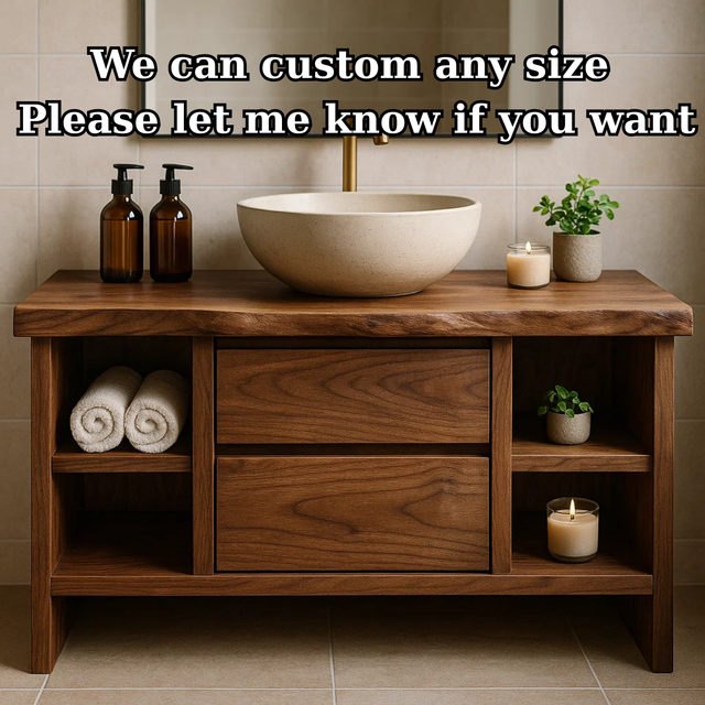 Handcrafted Solid Wood Single Vanity - Rustic Walnut Live Edge Bathroom Console