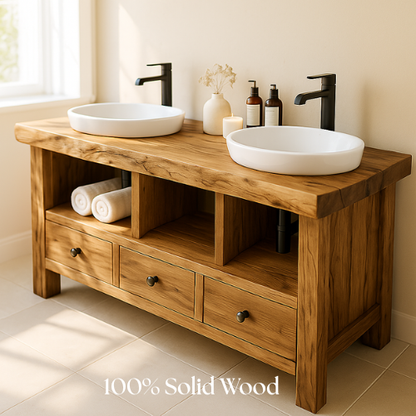 Handcrafted Solid Wood Double Sink Bathroom Vanity – Rustic Live Edge Countertop with 3 Drawers & Open Shelves – Farmhouse Design