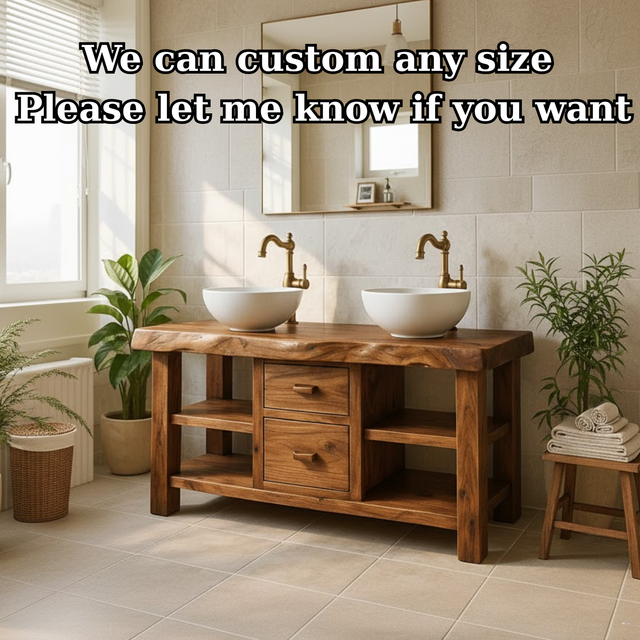 Handcrafted Solid Wood Floating Double Vanity - Live Edge Top, 2 Drawers & Open Shelves