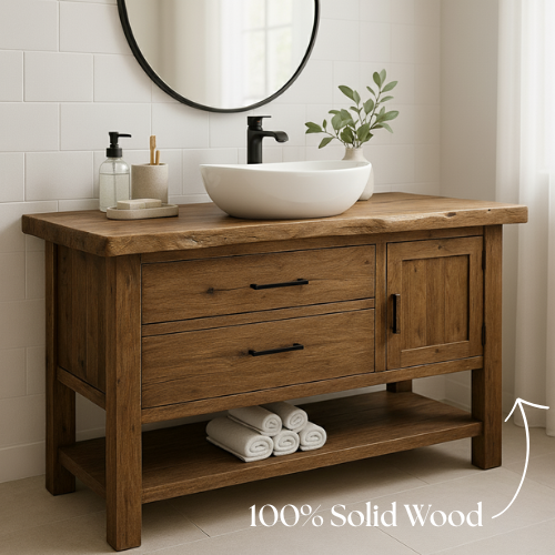 Handcrafted Solid Wood Bathroom Vanity with Live Edge Countertop and Open Shelf