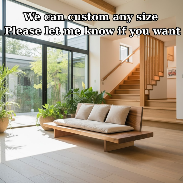 Handcrafted Solid Wood Sofa – Low Japanese Style Couch with Minimalist Design and Linen Cushions