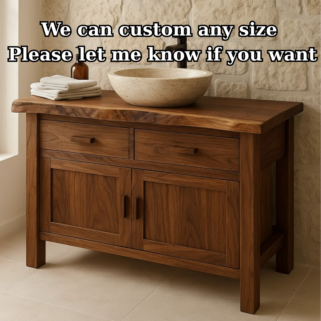Handcrafted Solid Wood Bathroom Vanity - Live Edge Top Cabinet with Drawers & Doors