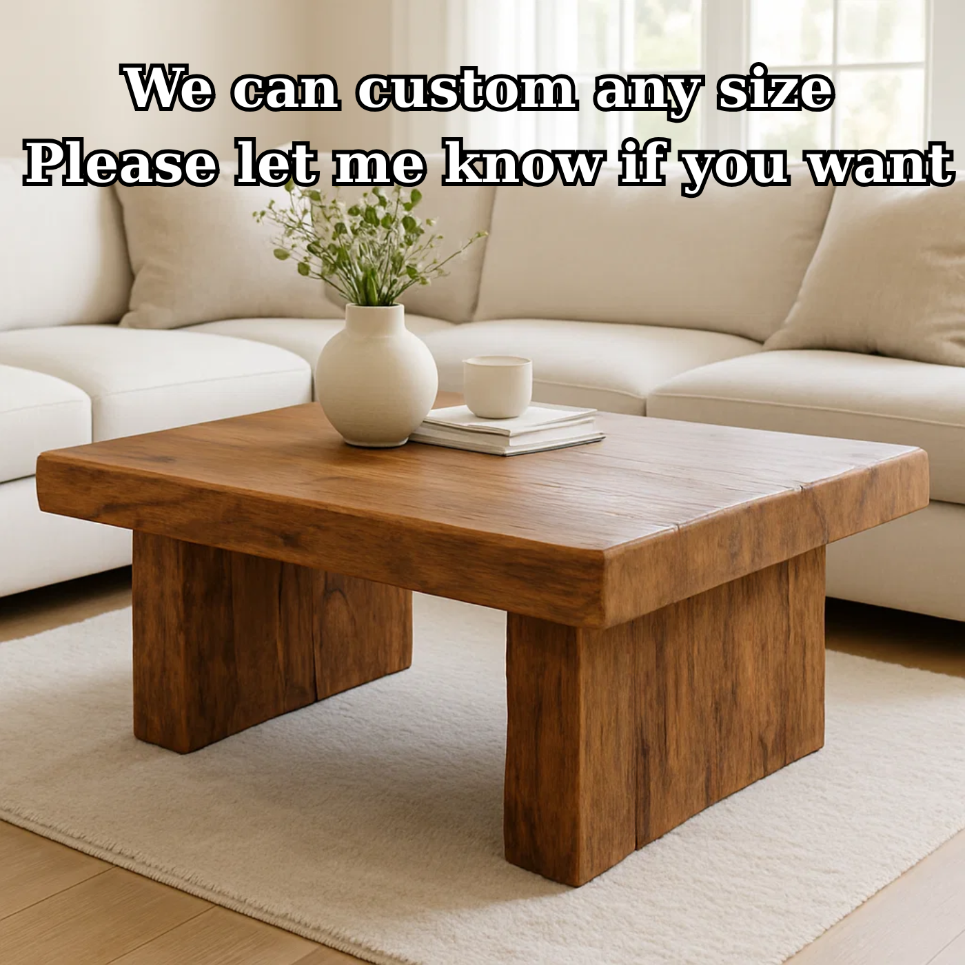 Handcrafted Solid Wood Coffee Table – Rustic Block Base Design for Living Room