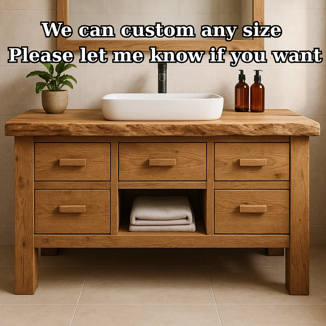 Handcrafted Solid Wood Bathroom Vanity - Live Edge Storage Cabinet with 6 Drawers & Shelf
