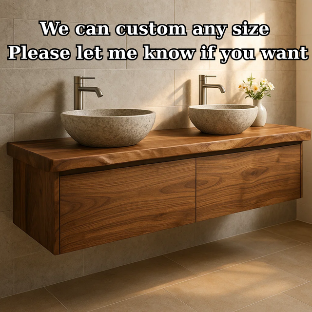 Handcrafted Solid Wood Floating Vanity - Double Sink Live Edge Walnut Console 2-Drawer