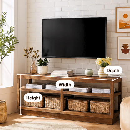 Handcrafted Solid Wood TV Stand – Minimalist Open Shelf Media Console for Modern Living Room