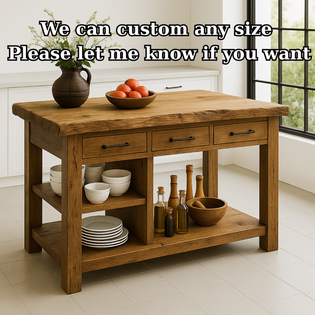Handcrafted Solid Wood Kitchen Island - Live-Edge Top, 3 Drawers & Shelves