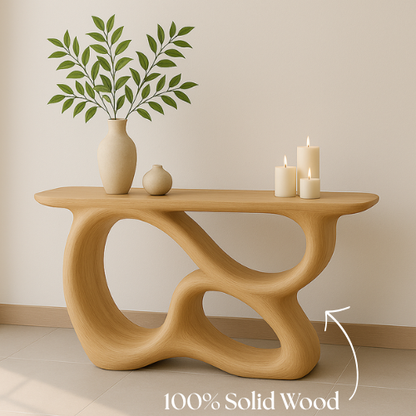 Handcrafted Solid Wood Sculptural Console Table – Light Oak Modern Design