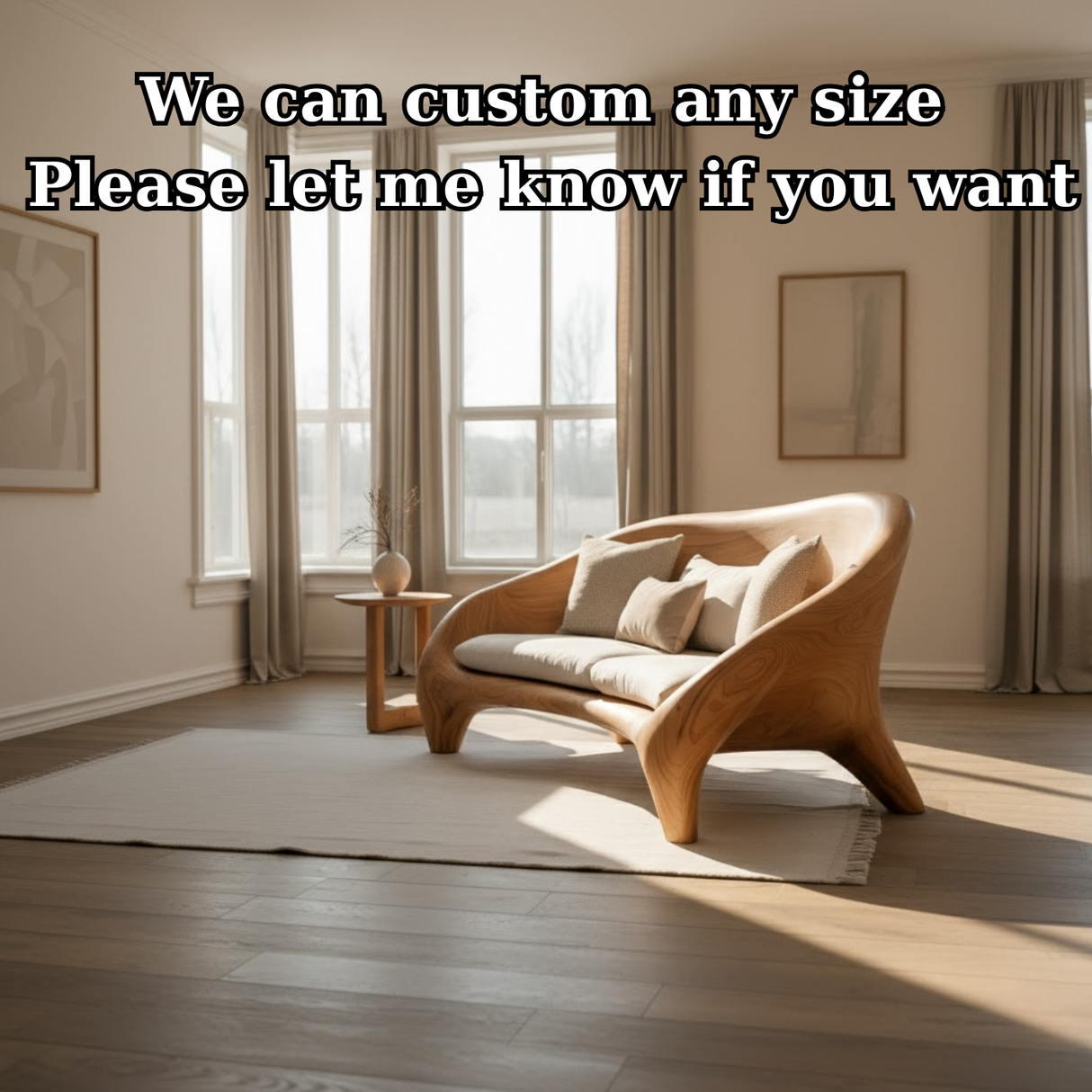 Handcrafted Solid Wood Sofa – Modern Organic Curved Couch with Smooth Sculptural Frame and Linen Cushions