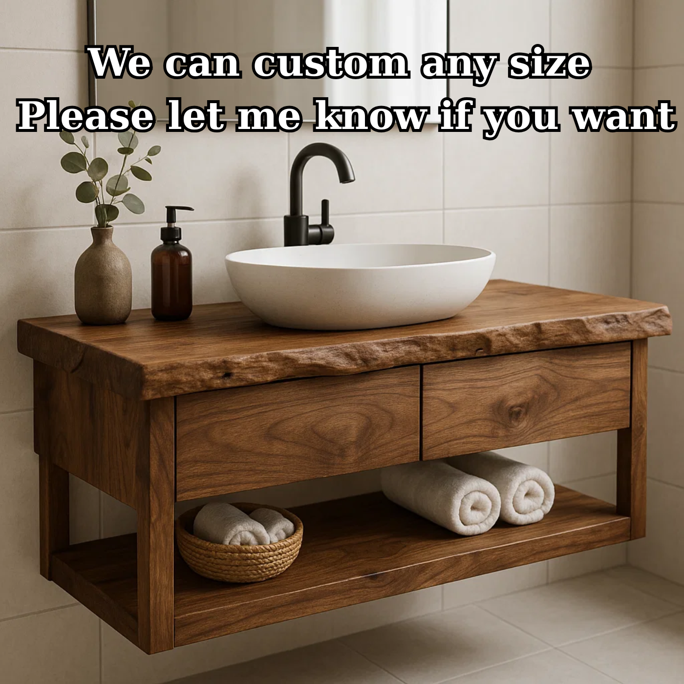 Handcrafted Solid Wood Floating Bathroom Vanity with Live Edge Top - Modern Rustic Washstand