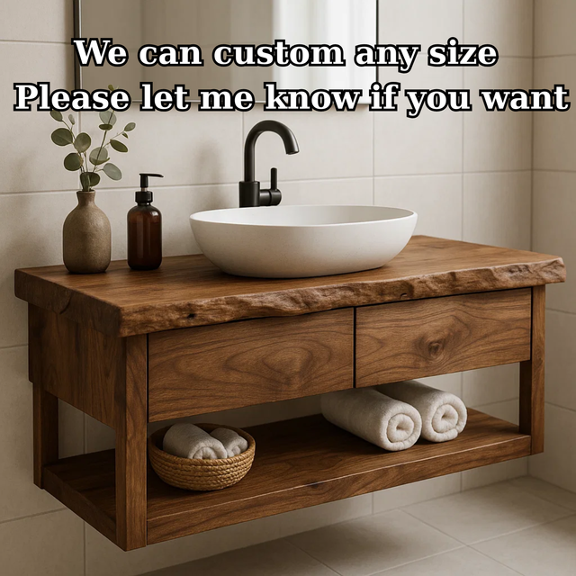 Handcrafted Solid Wood Floating Bathroom Vanity with Live Edge Top - Modern Rustic Washstand