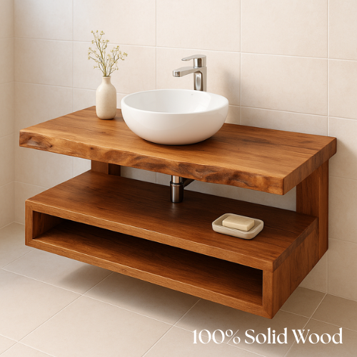 Handcrafted Floating Solid Wood Bathroom Vanity – Rustic Live Edge Countertop with Open Shelf – Modern Minimalist Design