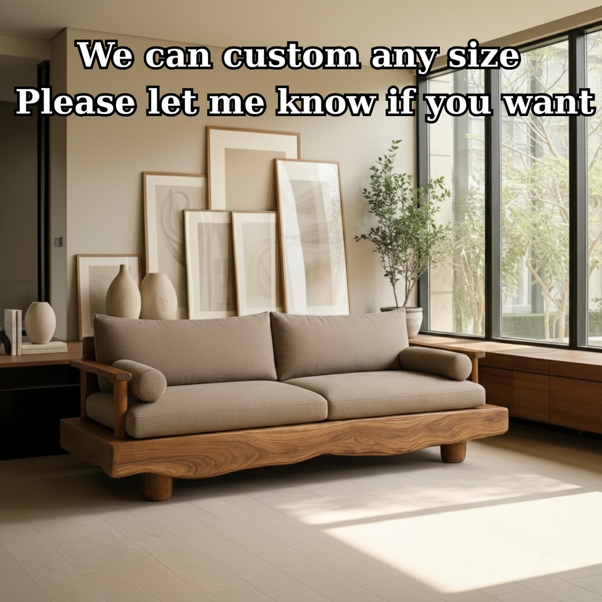 Handcrafted Solid Wood Sofa – Rustic Live Edge Wood Couch with Modern Minimalist Cushion Design