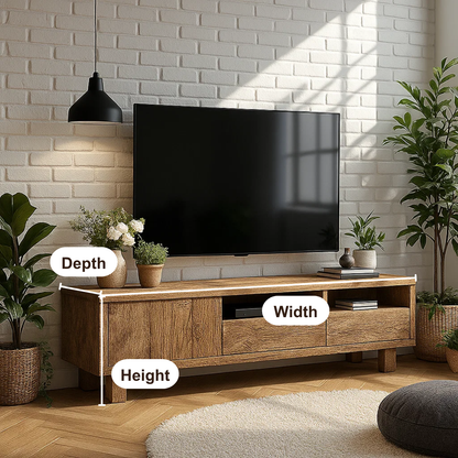 Handcrafted Solid Wood TV Stand – Modern Rustic Media Console with Drawers and Open Shelves