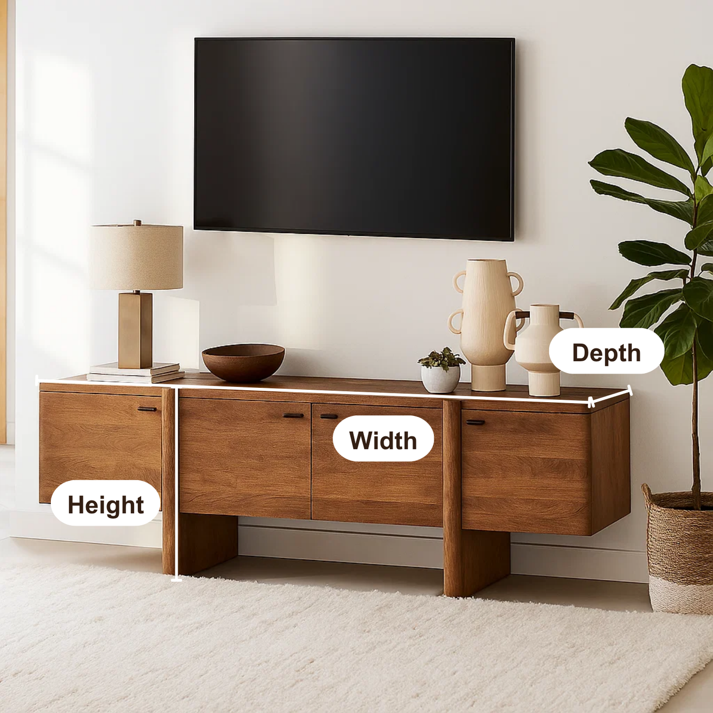 Handcrafted Solid Wood TV Stand – Modern Floating Media Console with Sculptural Base Design