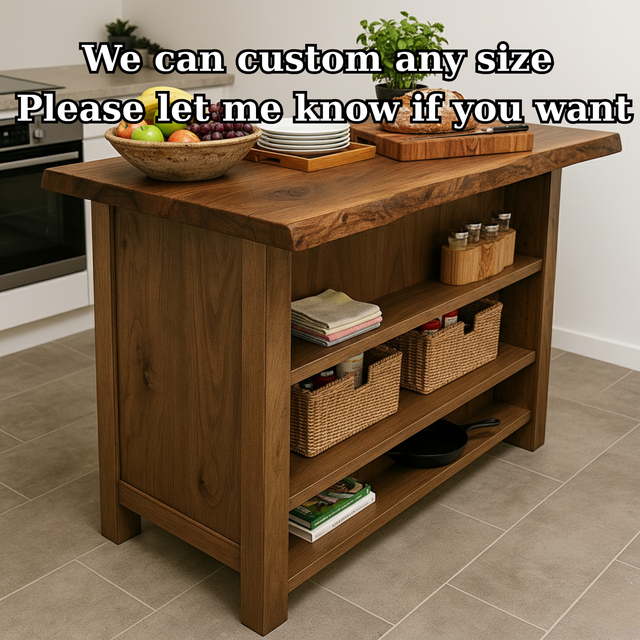 Handcrafted Solid Wood Kitchen Island - Rustic Live Edge & Open Shelves