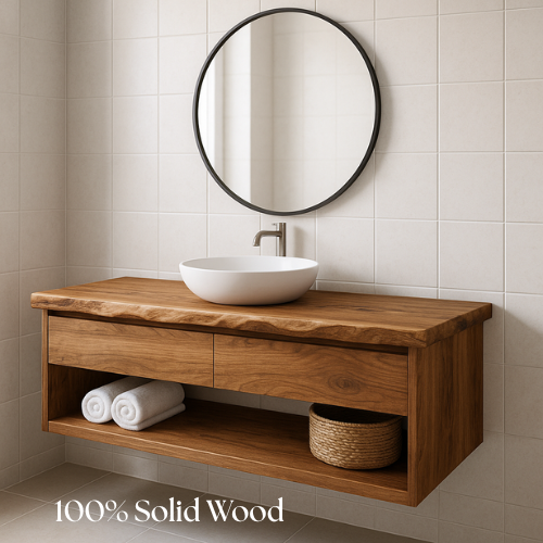 Handcrafted Floating Solid Wood Bathroom Vanity – Live Edge Countertop with Drawer and Open Shelf – Modern Organic Wall-Mount Design