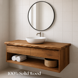 Handcrafted Floating Solid Wood Bathroom Vanity – Live Edge Countertop with Drawer and Open Shelf – Modern Organic Wall-Mount Design