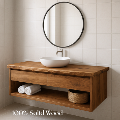 Handcrafted Floating Solid Wood Bathroom Vanity – Live Edge Countertop with Drawer and Open Shelf – Modern Organic Wall-Mount Design