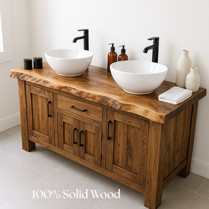 Handcrafted Solid Wood Double Sink Bathroom Vanity – Rustic Live Edge Countertop with Cabinets & Center Drawer – Farmhouse Natural Finish