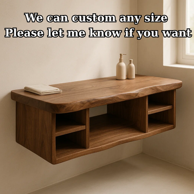 Handcrafted Solid Wood Floating Vanity - All Open Live Edge Console with Display Shelves