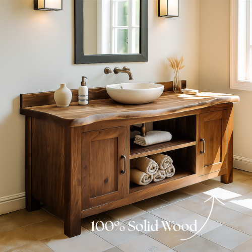 Handcrafted Solid Wood Bathroom Vanity – Live Edge with Shelves and Cabinet