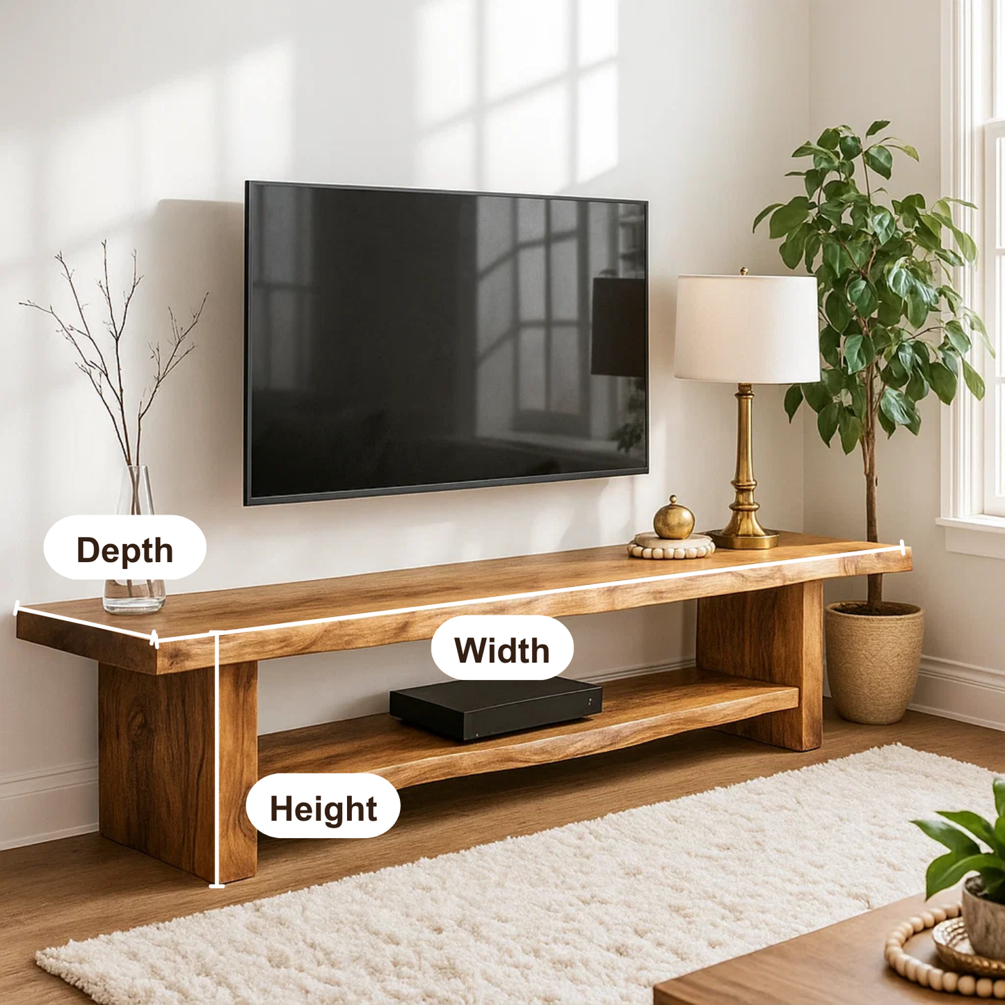 Handcrafted Solid Wood Live Edge TV Stand – Minimalist Organic Media Console for Living Room