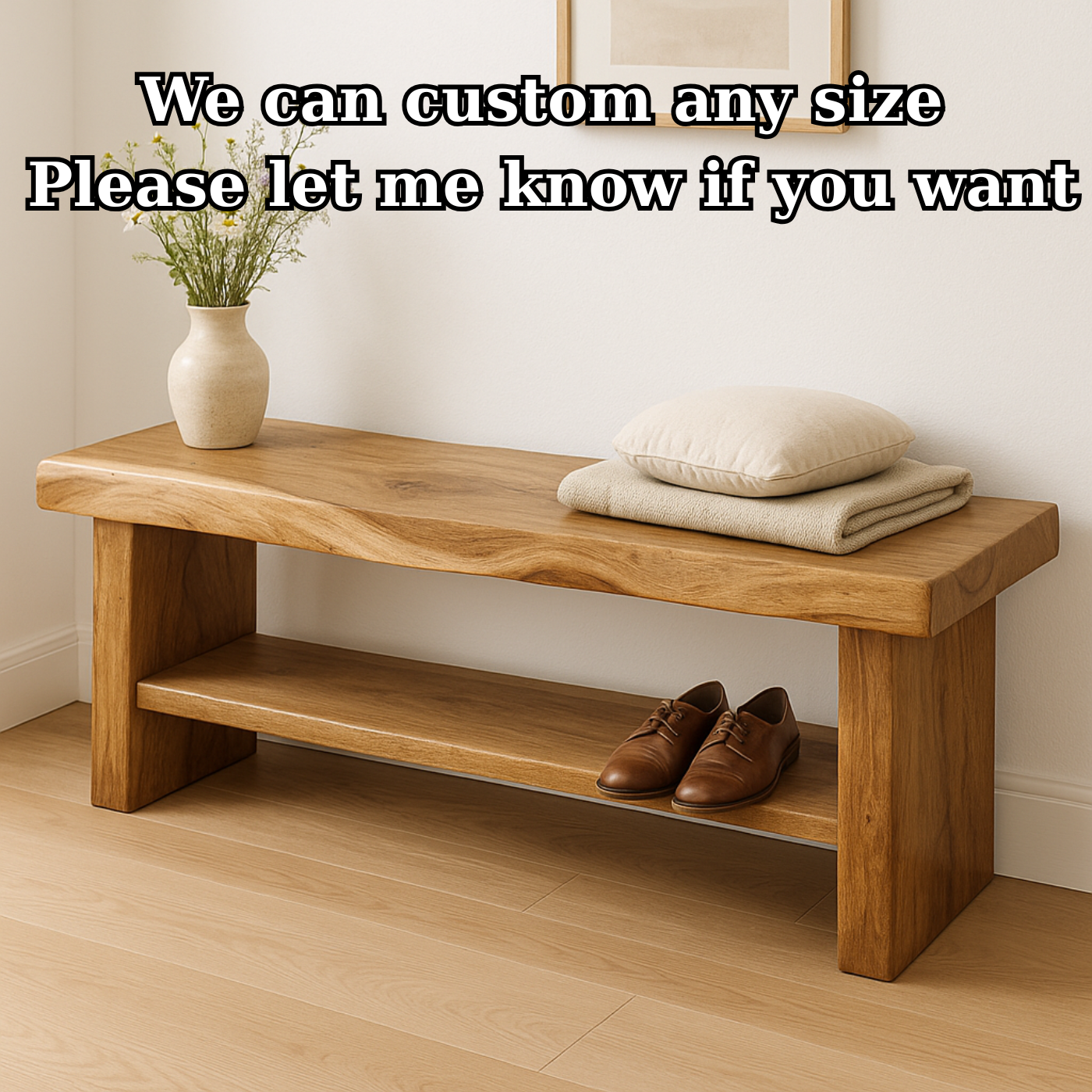 Handcrafted Solid Wood Bench – Live Edge Entryway Seating with Storage Shelf