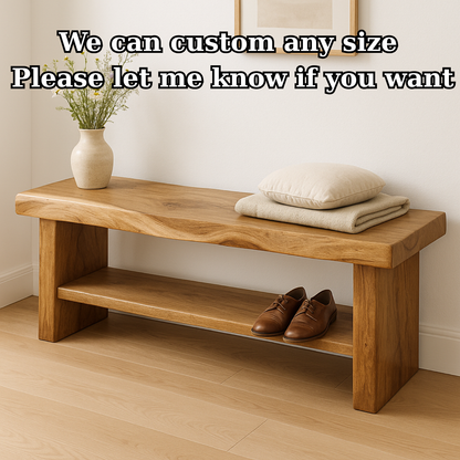 Handcrafted Solid Wood Bench – Live Edge Entryway Seating with Storage Shelf