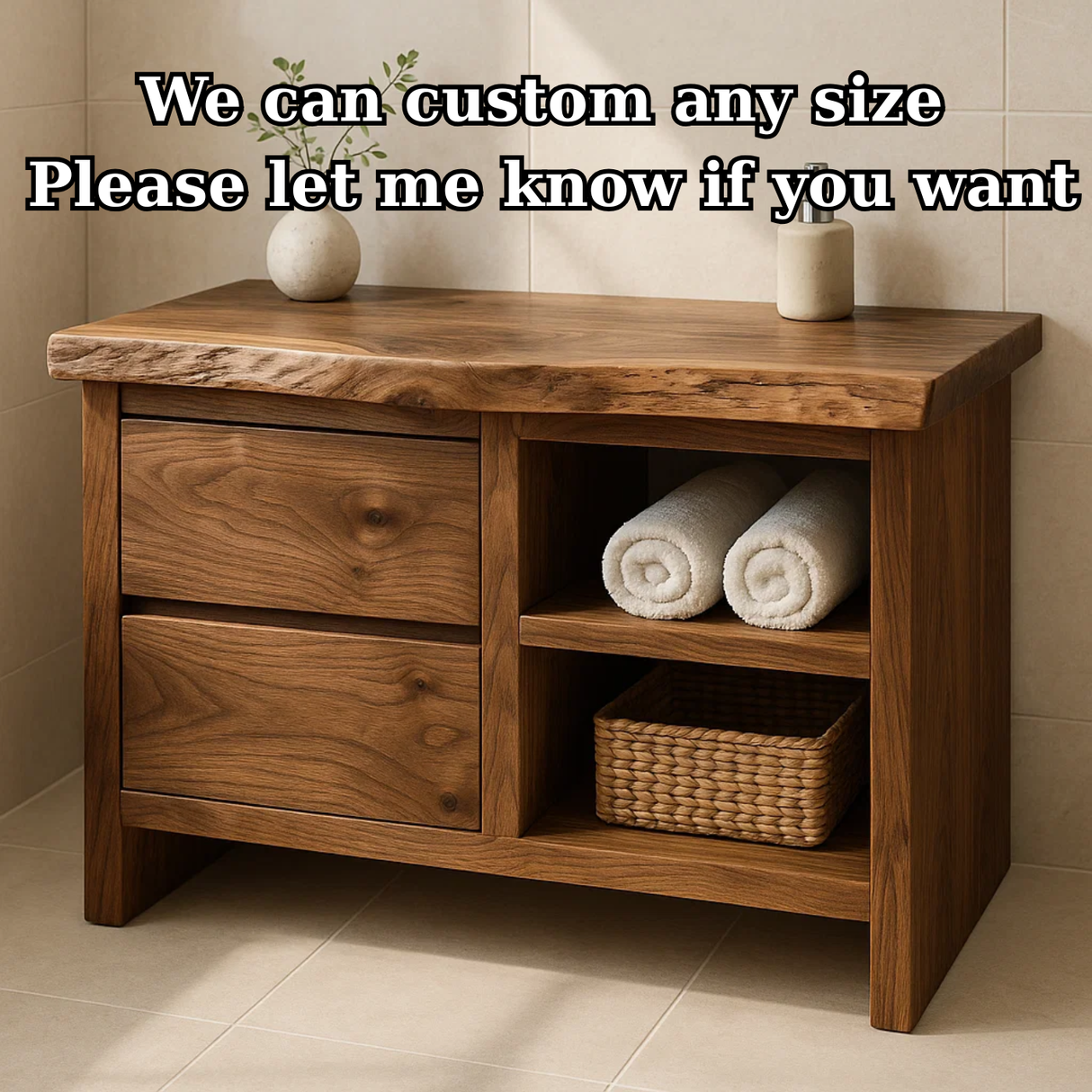 Handcrafted Solid Wood Bathroom Vanity - Rustic Drawers & Open Shelf