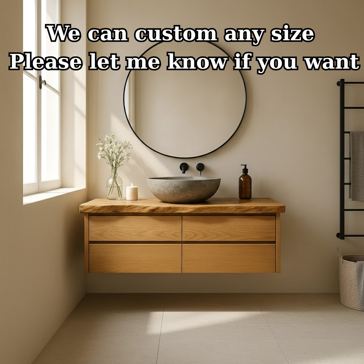 Handcrafted Solid Wood Floating Bathroom Vanity with Live Edge Top - Minimalist Modern Design