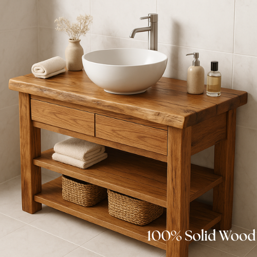 Solid Wood Bathroom Vanity – Handcrafted Live Edge Countertop with Drawers & Open Shelves – Rustic Farmhouse Vanity for Modern Interiors