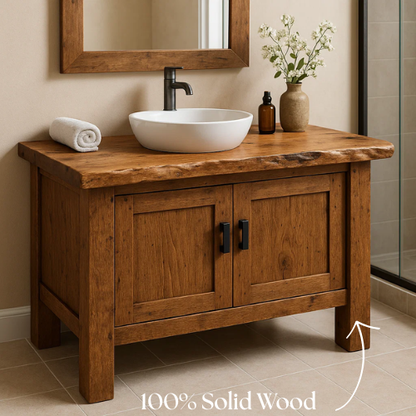 Handcrafted Solid Wood Bathroom Vanity – Live Edge Countertop with Double Door Storage