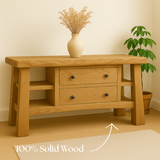 Handcrafted Solid Wood Console Table – Modern Rustic Oak with Drawers and Side Shelves