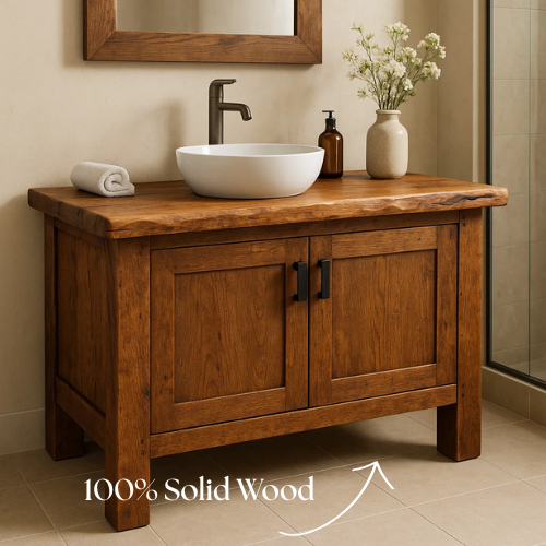 Handcrafted Solid Oak Bathroom Vanity – Live Edge Countertop with Double Doors – Rustic Modern Wood Design for Warm Natural Bathroom Interiors
